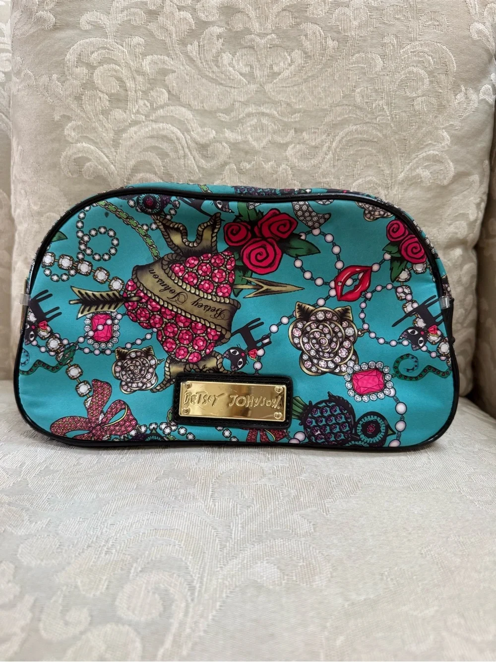 Betsey Johnson Teal Printed Cosmetic Case with Jewel & Rose Motif